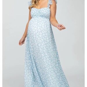 Light Blue Floral Chiffon Sweetheart Neck (Off Shoulder Maternity Maxi Dress)